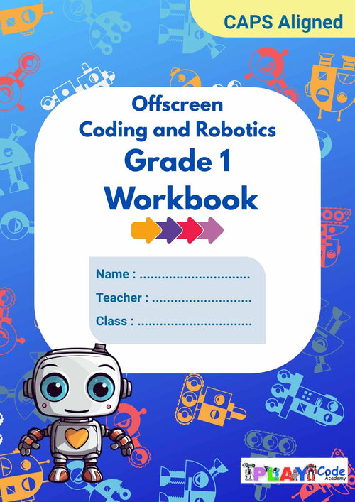 Cover of 'Offscreen Coding and Robotics Grade 1 Workbook' with robot illustration on blue background