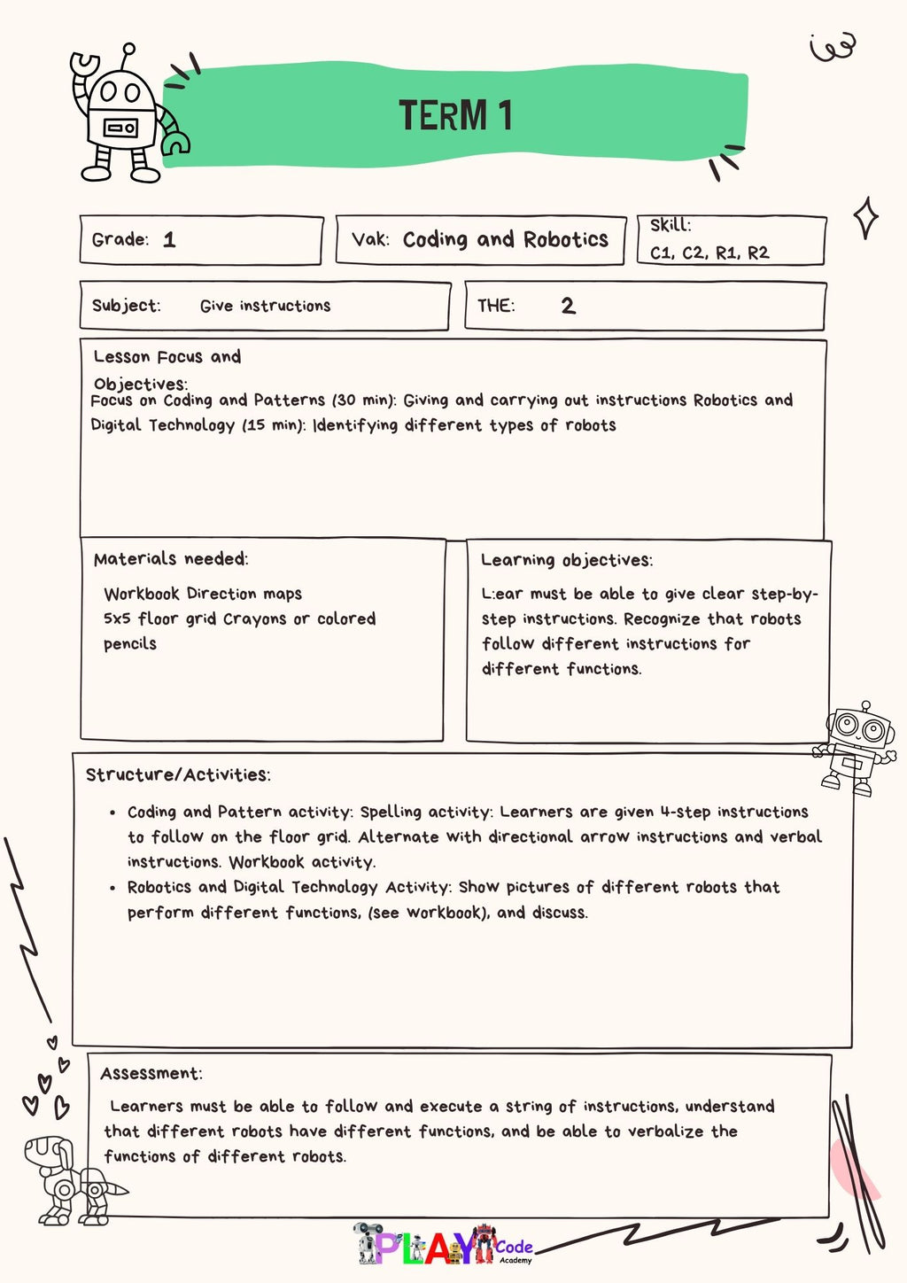 Teacher's Guide Gr 1 for off-screen coding and robotics CAPS aligned