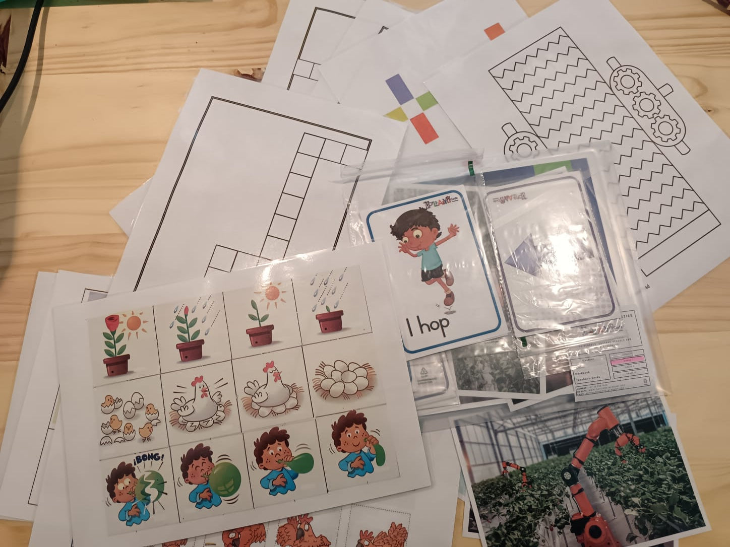 Extra printed and laminated material for Grade 1 Lesson Plans for offscreen Coding and Robotics